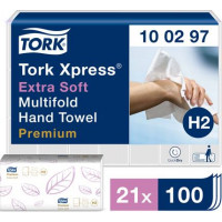 Roku salvetes TORK Premium Interfold Extra Soft H2, 2 sl.,100 salvetes, 21.2 x 34 cm, baltā krāsā ar lapiņām ( Gab. x 21 )