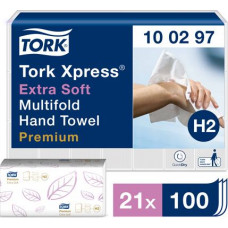 Roku salvetes TORK Premium Interfold Extra Soft H2, 2 sl.,100 salvetes, 21.2 x 34 cm, baltā krāsā ar lapiņām ( Gab. x 21 )