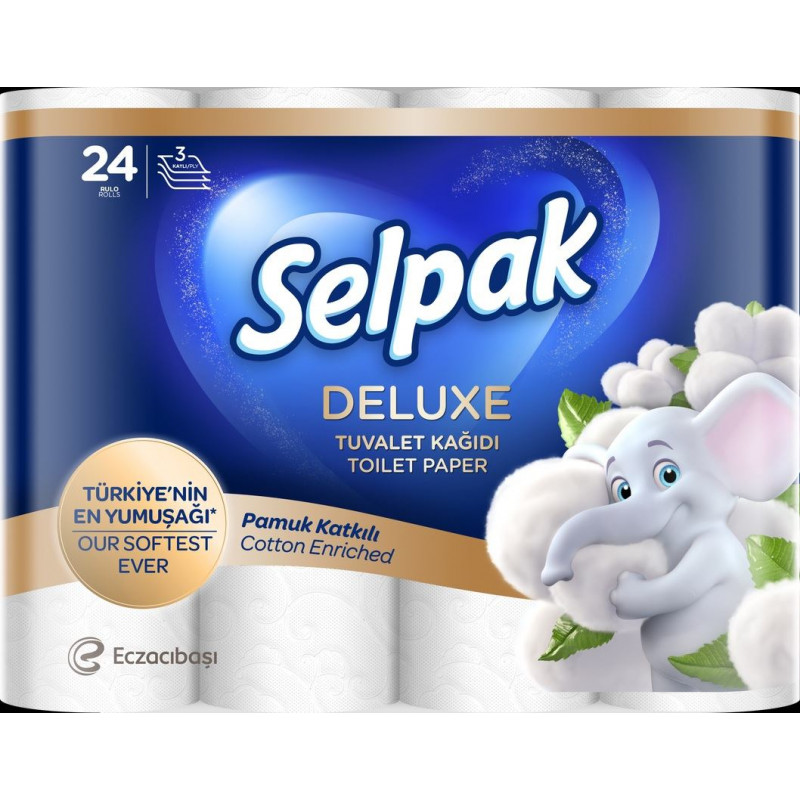 Tualetes papīrs SELPAK Deluxe Cotton, 3 slāņi, 15.6m, 130 loksnes, 24 ruļļi