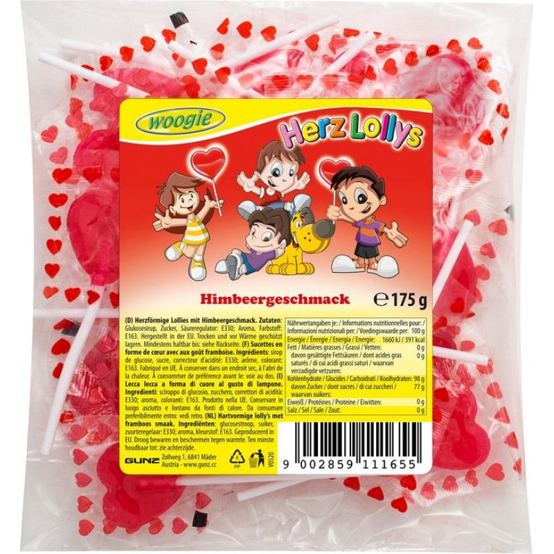 Woogie Karameles uz kociņa WOOGIE sirds formā, aveņu garša, 175g ( Gab. x 5 )