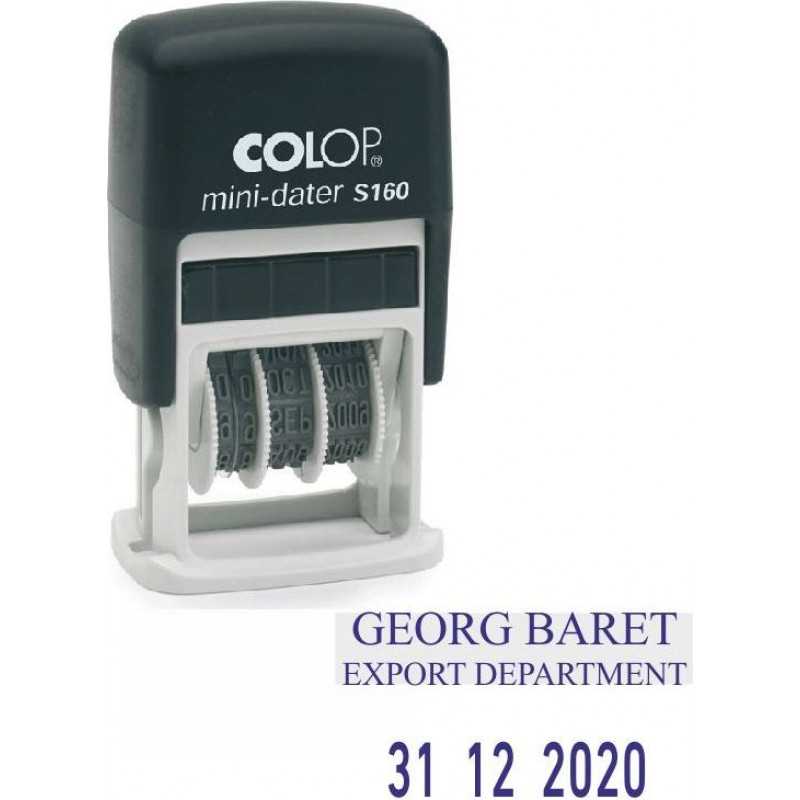 Zīmogs S160 Dater D03 COLOP melns korpuss, zils spilventiņš, datuma formāts DD.MM.YYYY (mēnesis ar cipariem)