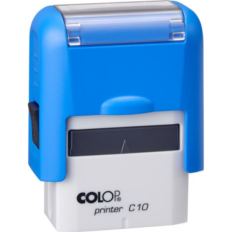 Zīmogs COLOP Printer C10, melns ar baltu korpuss, zils spilventiņš
