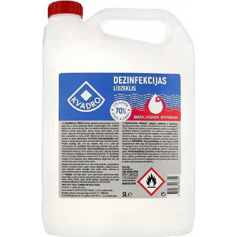Dezinfekcijas līdzeklis KVADRO, rokām, virsmām, inventāram (etanols 70%), 5l