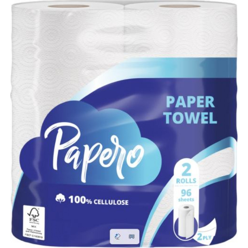 Papero Papīra dvieļi PAPERO, 2 slāņi, 19.2 m, 96 loksnes, 2 ruļļi ( Gab. x 2 )