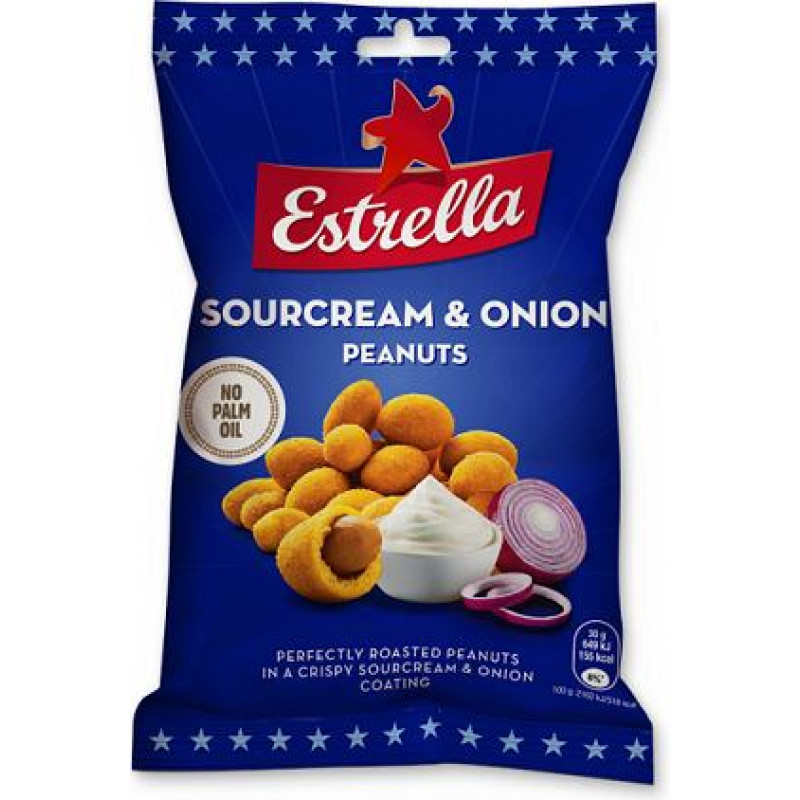 Grauzdēti rieksti ESTRELLA  kraukšķīgā apvalkā ar krējuma un sīpolu garšu 140g ( Iepak. x 2 )