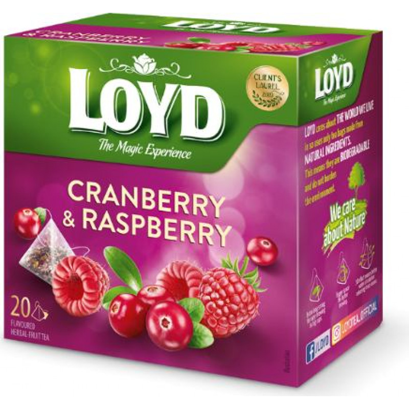 Augļu tēja LOYD Pyramids ar dzērveņu un aveņu garšu, 20x2 g ( Iepak. x 2 )