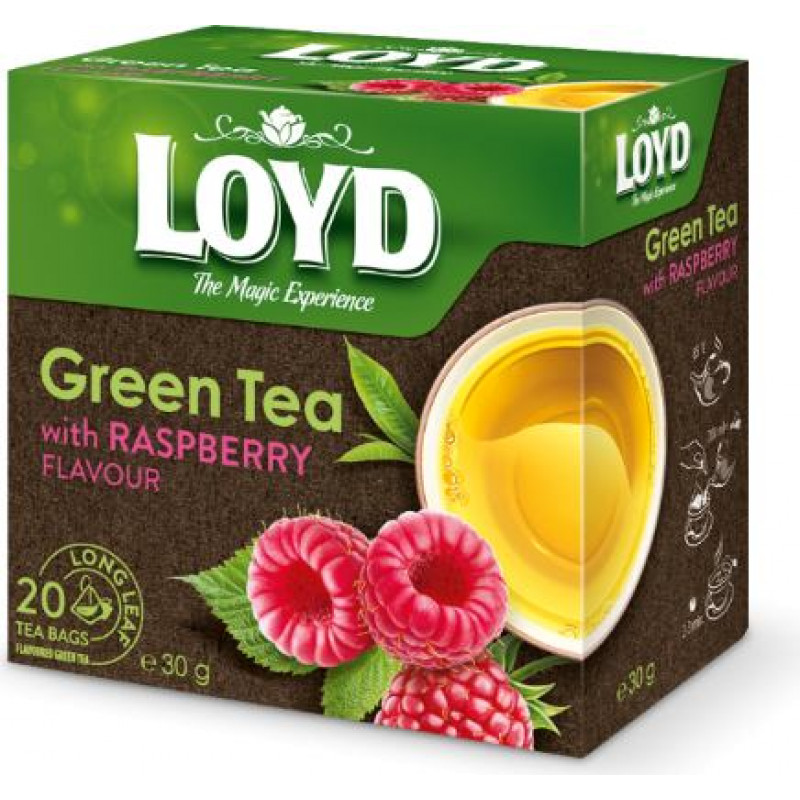 Zaļā tēja LOYD Pyramids ar aveņu garšu 20x1,5g ( Iepak. x 2 )