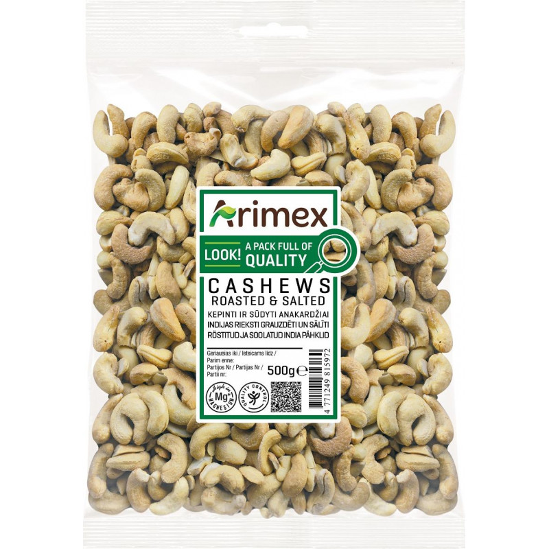 Indijas rieksti grauzdēti, sālīti ARIMEX, 500g