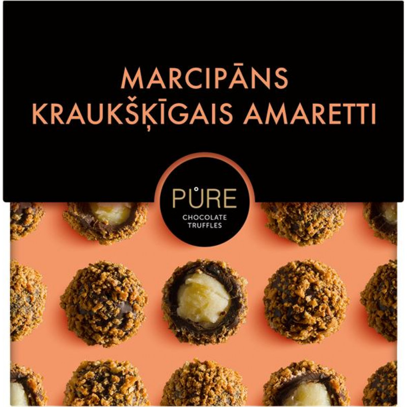 Šokolādes trifeles ar marcipāna krēma pildījumu un kraukšķīgo Amareto cepumu dekoru  96g, PURE