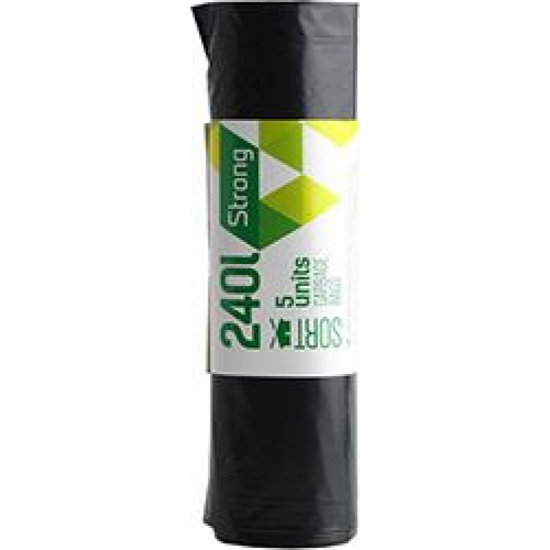 Atkritumu maisi SORTEX, tilpums 240 L, 5 gab., 50 mkr, melni, LDPE, 90 x 120 cm