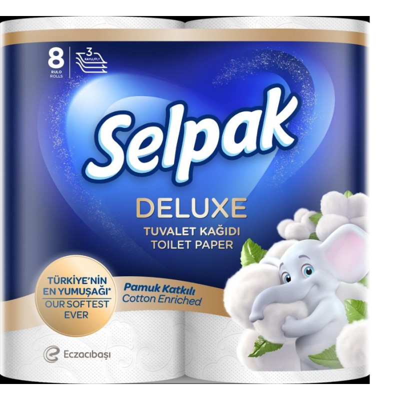 Tualetes papīrs SELPAK Deluxe Cotton, 3 slāņi, 15.6m, 130 loksnes, 8 ruļļi