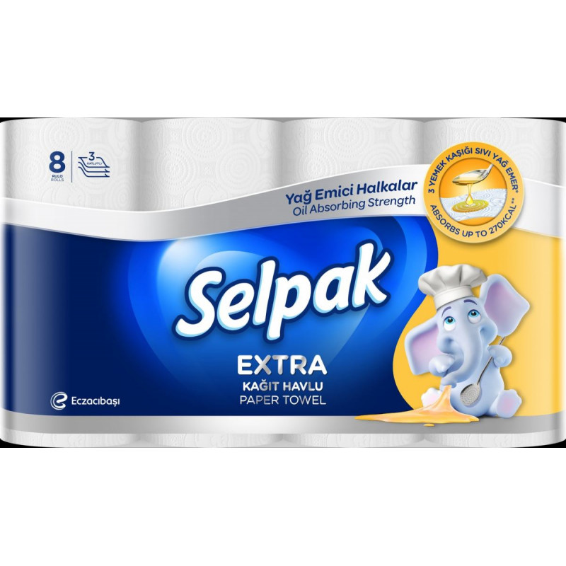 Papīra dvieļi SELPAK Extra Calorie Absorb, 3 slāņi, 9m, 75 loksnes, 8 ruļļi