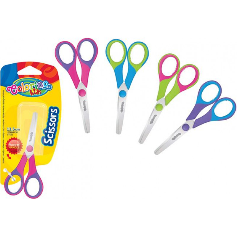 Šķēres COLORINO KIDS 13,5 cm, ar gumijotiem rokturiem, blisterī