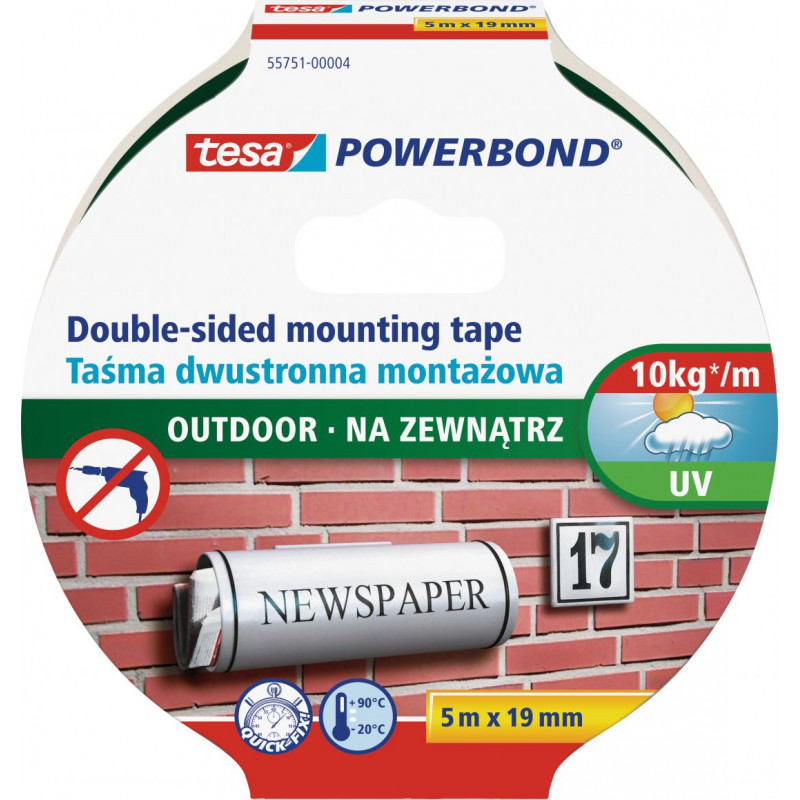 Montāžas līmlente tesa® Powerbond ārdarbiem, abpusēja, 5m x 19mm
