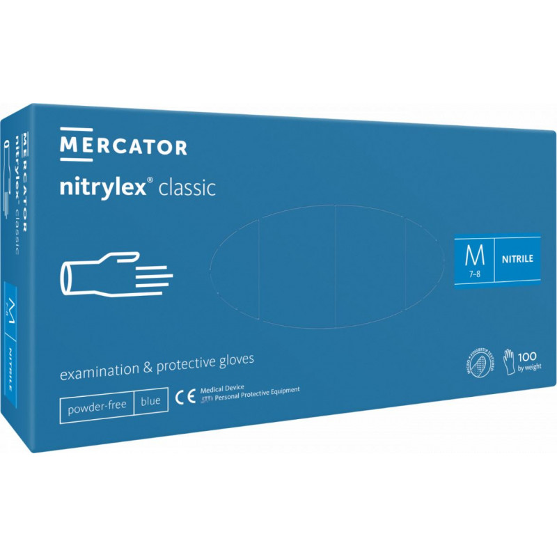 Cimdi nitrila Nitrylex Classic, bez pūdera, zili, M izm., 100gab
