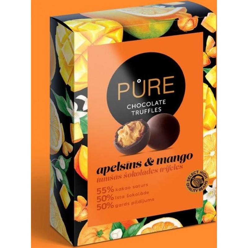 Šokolādes trifeles ar apelsīnu mango krēma pildījumu  148g, PURE