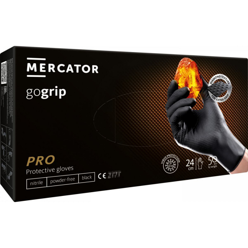 Cimdi nitrila MERCATOR Powergrip, melni, XL izm., 50gab ( Gab. x 2 )